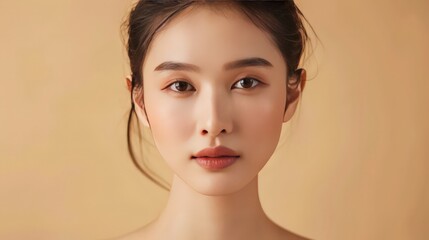 With a beige background, this portrait of a young Asian woman with clear, fresh skin emphasizes the importance of face care, facial treatments, and cosmetology. 