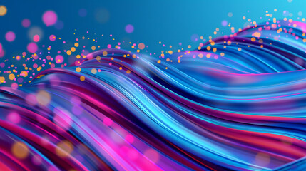 An abstract wavy background in magenta and cyan, with vibrant multicolor blur bokeh lights.