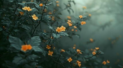 A close up of small flowers on the branches, in the vintage style, with dark green leaves and yellow orange blossoms, in a cinematic forest setting with a moody.
