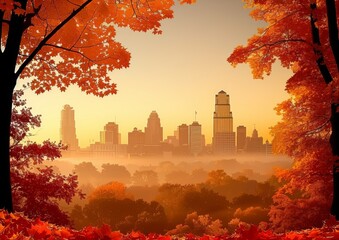 Stunning Autumn Scenery Overlooking a Misty City Skyline Amid Vivid Red and Orange Leaves