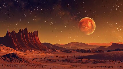vast mars planet landscape with rugged terrain under starry sky astronomy illustration