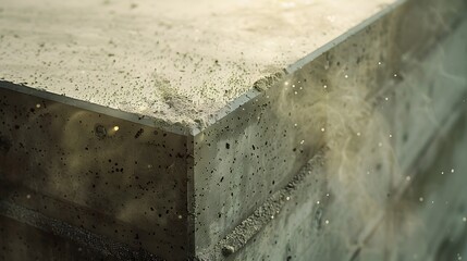 A close-up of the edge of an architectural concrete structure, highlighting its texture and detail. with a minimalist aesthetic in the style of concrete construction. 
