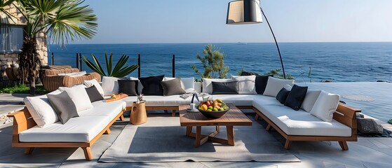 Fototapeta premium Modern House - A luxurious outdoor lounge area with plush white couches, a coffee table with fruit, and an expansive view of the ocean and palm trees