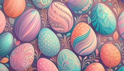 Easter eggs of retro elegance converge in an abstract illustration, crafting a seamless pattern with vibrant pastel colors in a captivating arrangement