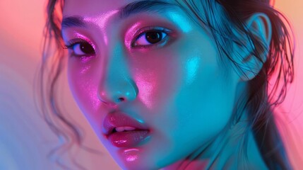 vibrant holographic fashion futuristic asian female model in neon top hyperrealistic 3d rendering