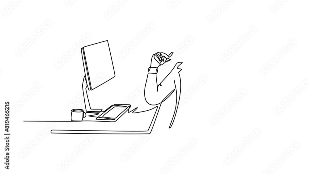 Aufkleber animated self drawing of continuous line draw smart young manager thinking seriously at his desk in 