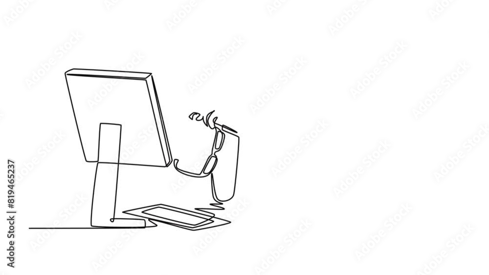 Poster animated self drawing of continuous line draw young tired male employee holding glasses while workin