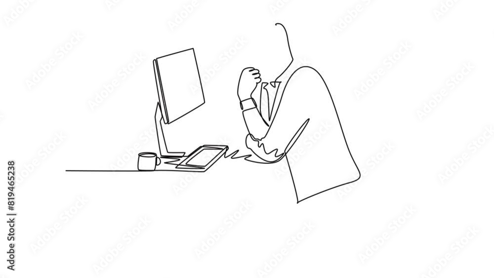 Aufkleber animated self drawing of continuous line draw of young startup ceo sitting at a chair and thinking w