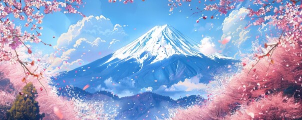 Tranquil and idyllic illustration of Mount Fuji surrounded by cherry blossom trees in full bloom during spring