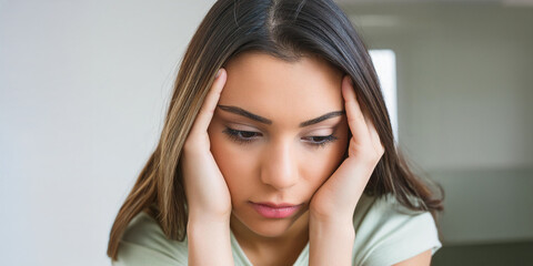 Fototapeta premium Young woman, holding her head in her hands at home, suffering from a headache due to stress and worry.