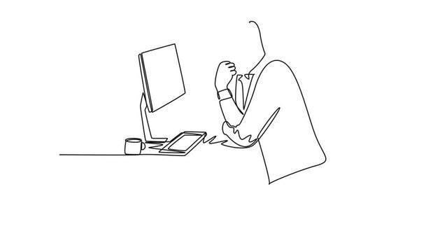 Animated self drawing of continuous line draw of young startup CEO sitting at a chair and thinking while focusing on computer screen data. Business analyzing concept. Full length single line animation