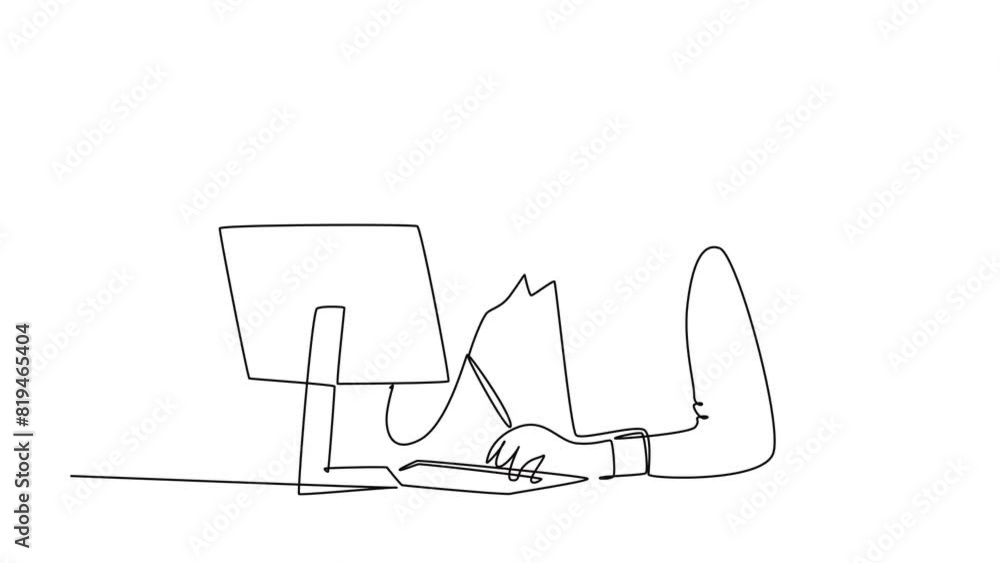 Poster animated self drawing of continuous line draw of young business manager sitting on his desk in front