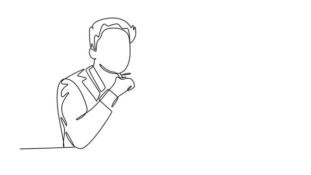 Animated self drawing of continuous line draw smart young startup CEO thinking about company growth while looking at annual report on computer screen. Business analysis. Full length one line animation