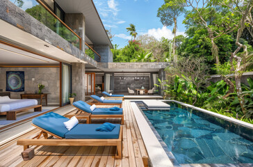 Three level villa with a wooden terrace, blue and white sun loungers on the deck, swimming pool in front of modern minimalist architecture with gray stone walls