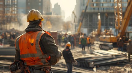 A construction worker wearing safety gear stands in the foreground, looking at workers on an active building site in the background.
