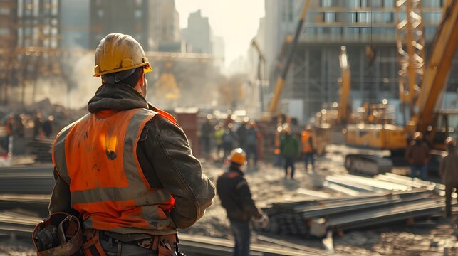 A construction worker wearing safety gear stands in the foreground, looking at workers on an active building site in the background.
