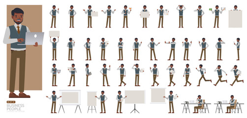 Big Set of Indian businessman wear gray suit character vector design. Indian people working in office planning, thinking and economic analysis.