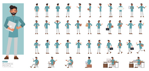 Big Set of Indian businessman wear blue shirt character vector illustration design. Presentation in various action. People working in office planning, thinking and economic analysis.