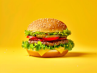 a burger isolated on yellow background