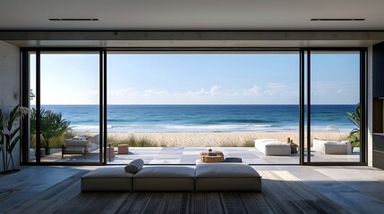 Fototapeta premium A large, sliding glass door with black frames on the left side of an open living room leading to beach in front of ocean, with blue sky and sand. 