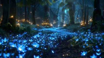 A magical forest at night, with glowing blue flowers covering the ground and trees. The path is illuminated in the style of small fireflies.
