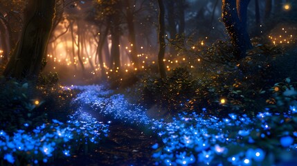 A magical forest at night, with glowing blue flowers covering the ground and trees. The path is illuminated in the style of small fireflies.
