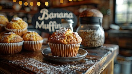 Show the process of making the "Banana Muffin" against an kitchen. Keep the scene simple but add elements that reflect the muffin-making process.