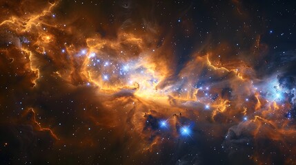 Naklejka premium A nebula of stars, glowing in the darkness of space, resembling an orange and yellow cloud with bright blue star clusters scattered throughout it. 