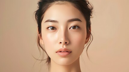 Highlighting the natural beauty of a young Asian woman with clear, fresh skin, this portrait against a beige background is perfect for promoting face care, facial treatments - Powered by Adobe
