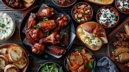 Food photography background delicious food spread featuring beer wings chicken bread and a variety of mouthwatering dishes