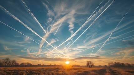 Multiple contrails in the sky at sunset, with one prominent line crossing over two others. with some small white clouds
