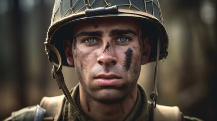 World war solder in the war, sad mood on face, closeup 