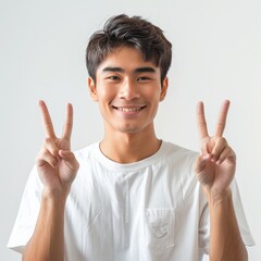 A cheerful young Thai man wearing a white t-shirt makes a peace sign with a white background. 