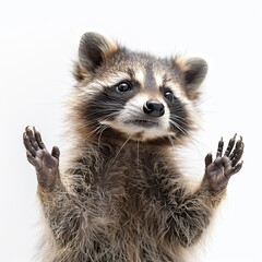 side-view portrait of a cute Racoon reaching up with arms outstretched, solid white background