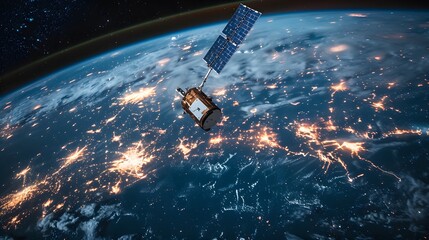 A satellite floating above the Earth's surface, with its lights shining on various global location points, data collection from space for communication network management.
