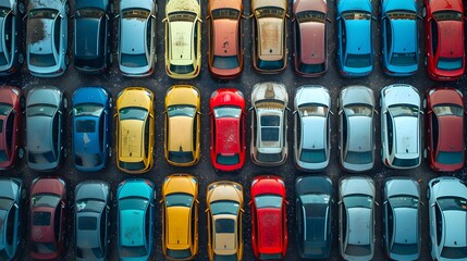 A top-down view of cars parked in rows and columns at an outdoor parking lot, with one car red.
