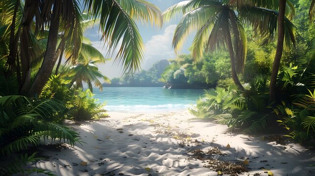 A tropical beach scene with palm trees and white sand, overlooking the ocean. A softly focused background of trees. The sunlight creates a warm atmosphere.

