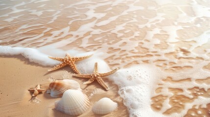 some seashells and starfish on the beach. The waves are washing over them.