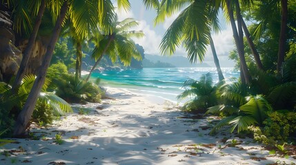 A tropical beach scene with palm trees and white sand, overlooking the ocean. A softly focused background of trees. The sunlight creates a warm atmosphere.
