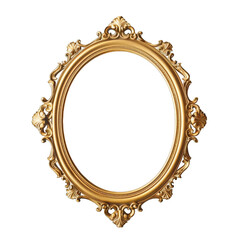 Golden oval picture frame with decorative elements on transparent background, png.
