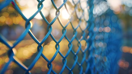 Fototapeta premium Close up of a blue chain link fence with a blurred background of a school yard where kids can be seen playing in the distance. 