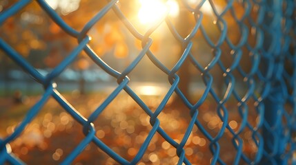 Fototapeta premium Close up of a blue chain link fence with a blurred background of a school yard where kids can be seen playing in the distance. 