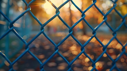Fototapeta premium Close up of a blue chain link fence with a blurred background of a school yard where kids can be seen playing in the distance. 