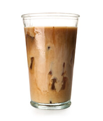 Glass of iced latte on white background