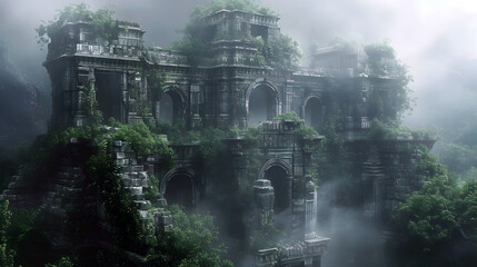 Obraz premium Towering Crumbling Ruins Shrouded in Mystical Fog:A Captivating Fantasy Landscape of Historic Architecture and Atmospheric Charm