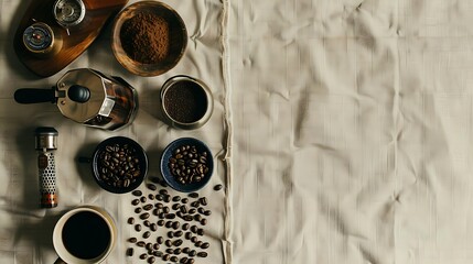 Cozy Coffee Time - Flat Lay of Coffee Beans and Accessories on Textured Tablecloth