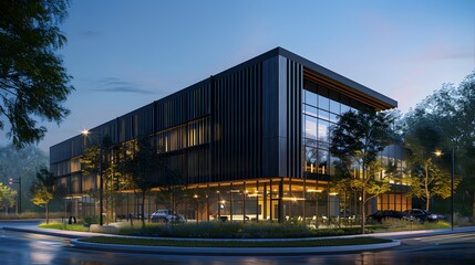 Exterior architectural rendering of an industrial building with one side covered in black timber cladding, the other half is glass and metal.
