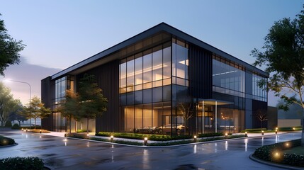 Exterior architectural rendering of an industrial building with one side covered in black timber cladding, the other half is glass and metal.
