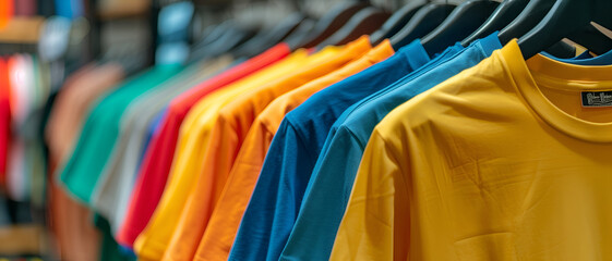 Fototapeta premium colorful T-shirts on the standing hanger in clothing store
