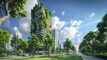 Naklejka premium Modern Eco-friendly building architecture concept, sustainable building in city with trees and green environment